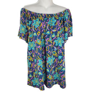 Denim and Co Top Women Large Favorite Jersey Off Shoulder Flutter Sleeve Printed